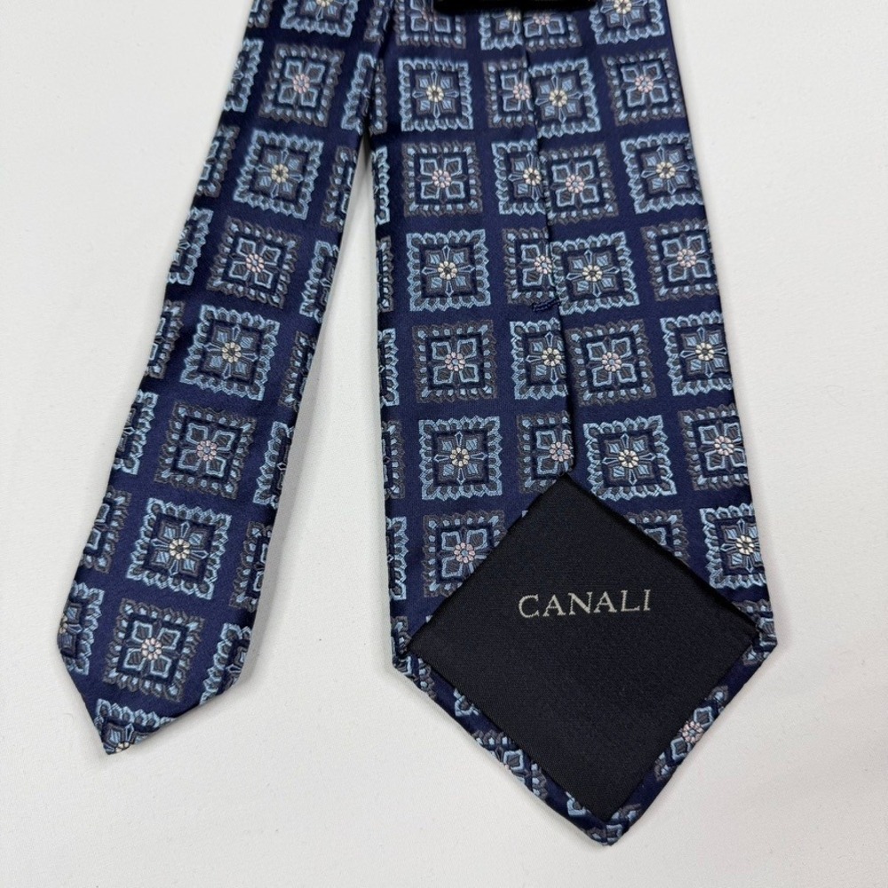 Canali Silk Tie Mens Navy Blue Grey Geometric Medallion Made in Italy